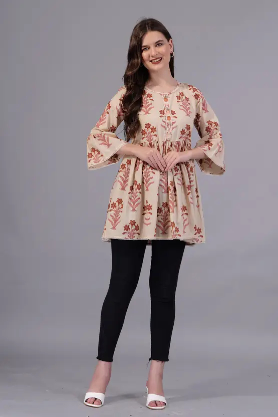 AARTI FASHION Women’s Casual Printed Viscose Rayon Top – Regular Fit, V-Neck, Regular Sleeves, Stylish Beige, Brown & Pink Western Wear for Everyday Comfort