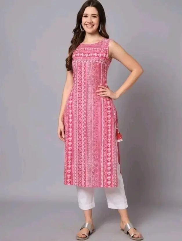 Women Printed Viscose Rayon A-Line Kurta by Aarti Fashion | Pink & White Sleeveless Calf-Length Casual Wear with Round Neck, Hand Work & All-Over Print – Stylish Ethnic Outfit