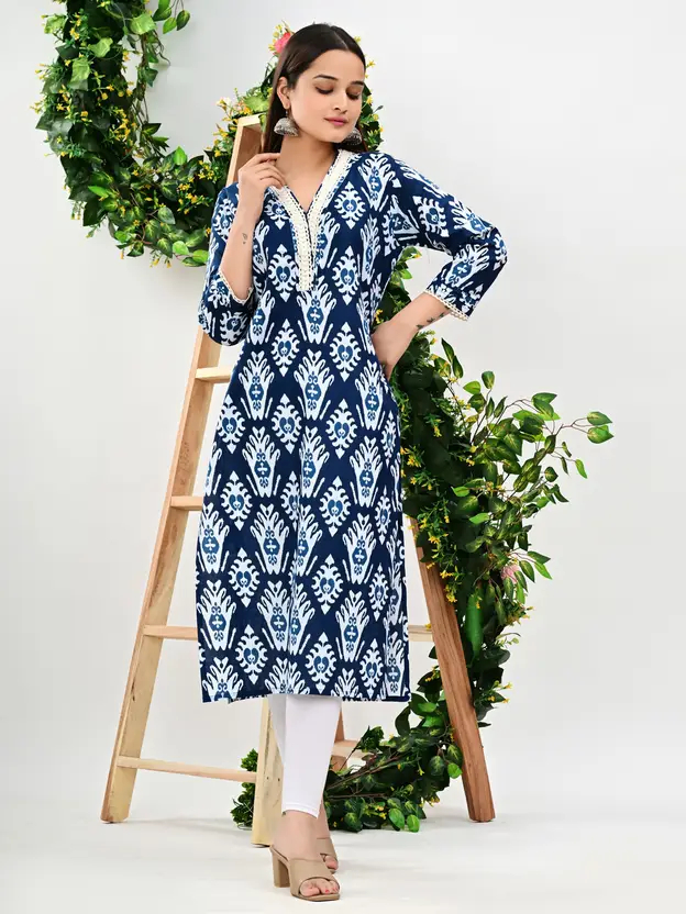 Women Blue Block Print Straight Kurta by Aarti Fashion | Cotton Blend Ethnic Wear with V-Neck & 3/4 Sleeves – Below Knee Casual & Everyday Outfit