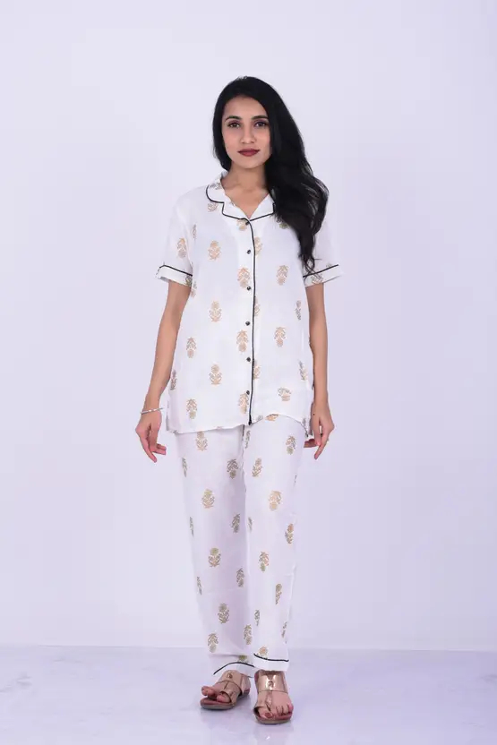 AARTI FASHION Women White Printed Rayon Shirt & Pyjama Set | Soft Breathable Sleepwear | Comfortable Night Suit | Stylish Western Wear Loungewear for Women