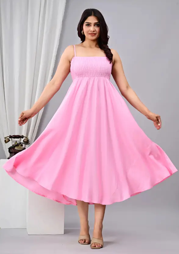 AARTI FASHION Women’s Pink Dyed Viscose Rayon Stitched Anarkali Gown – Sleeveless, Shoulder Strap Design, Casual Wear