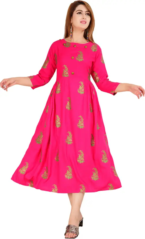 Elegant Pink Printed Viscose Rayon Anarkali Gown for Women – 3/4 Sleeve, Round Neck, Stitched, Casual Wear by AARTI FASHION
