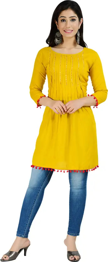 Elegant Yellow Solid Viscose Rayon Kurta for Women – 3/4 Sleeve, Round Neck, Above Knee Length, Casual Ethnic Wear