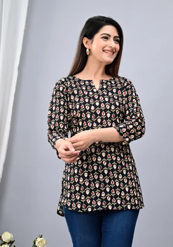 Stylish Black Printed Viscose Rayon A-line Kurta for Women – 3/4 Sleeve, Mandarin Neck, Casual Ethnic Wear by AARTI FASHION