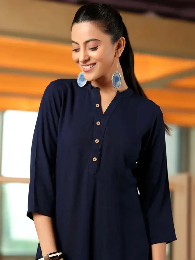 Casual Solid Blue Women’s Top – Relaxed Fit Cotton Blend with Mandarin Collar – Perfect for Western Wear, Everyday Comfort, and Style