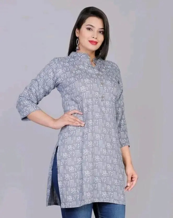 Women’s Grey Printed Kurta with Floral Design | Straight Fit Viscose Rayon Ethnic Wear | Collared Neck, 3/4 Sleeve | Comfortable Festive & Party Kurti