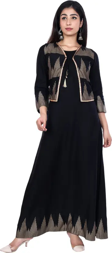 Women’s Black Printed Kurta | Ankle Length Viscose Rayon Straight Fit Kurti | Round Neck, 3/4 Sleeve, All Over Print | Casual & Ethnic Wear