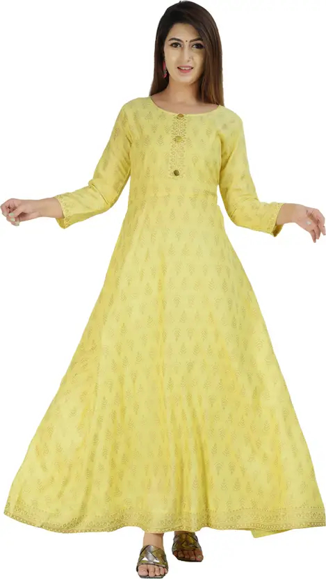 Women’s Yellow Printed Kurta | Ankle Length Viscose Rayon Straight Kurti | Round Neck, Casual Ethnic Wear | Comfortable 3/4 Sleeve Design