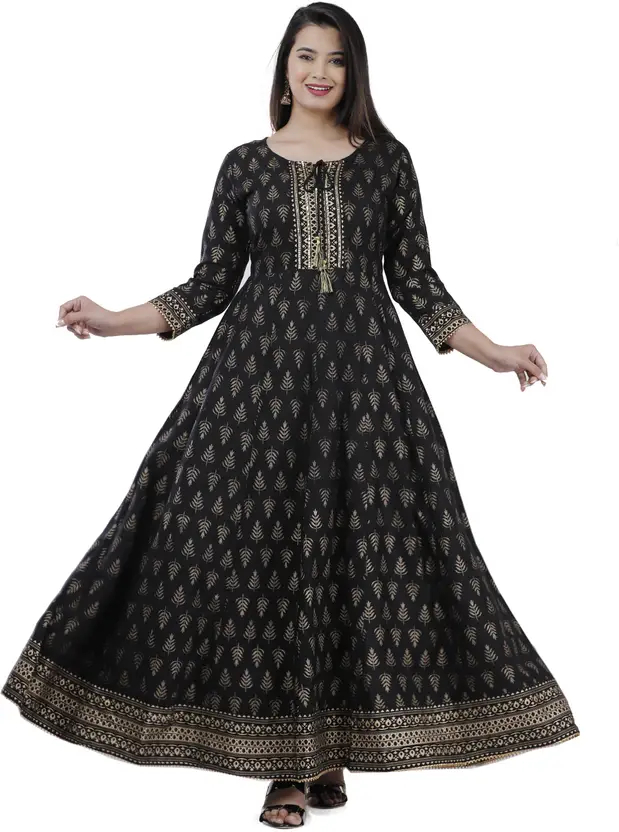 Women’s Black Printed Kurta | Ankle Length Viscose Rayon Straight Fit Kurti | Round Neck, Casual Wear for Women | Comfortable and Stylish