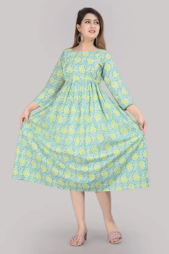 Women’s Green Printed Kurta | Below Knee Cotton Blend Straight Fit Kurti | Round Neck,Casual Wear for Women | Comfortable & Stylish