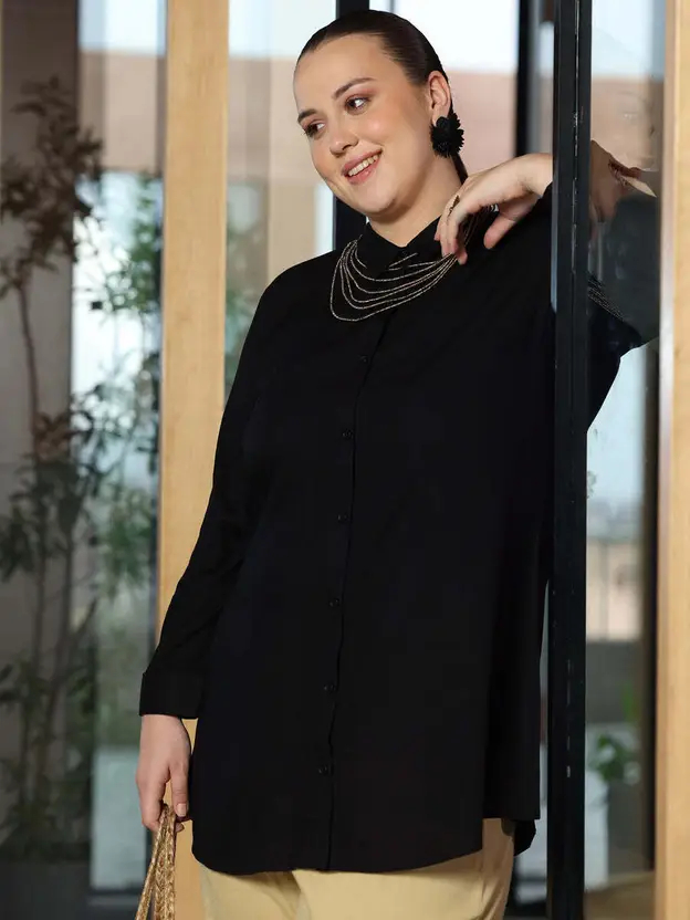 AARTI FASHION Women's Black Solid Top | Mandarin Collar, Regular Sleeves, Oversized Fit, Pure Cotton Fabric | Ideal for Formal Western Wear