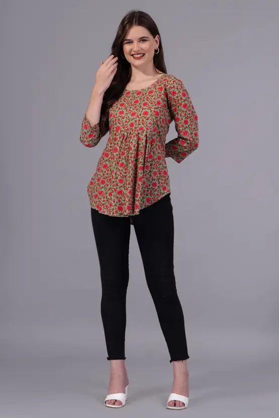 AARTI FASHION Women's Pink Printed Top | Round Neck, Regular Sleeves, Viscose Rayon Fabric | Stylish Party Wear for Women