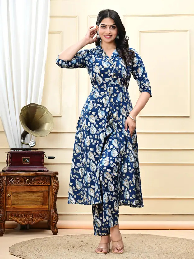 Women’s Blue Printed Kurta | Collared Neck, Long Length, Pure Cotton Fabric | Festive & Party Wear