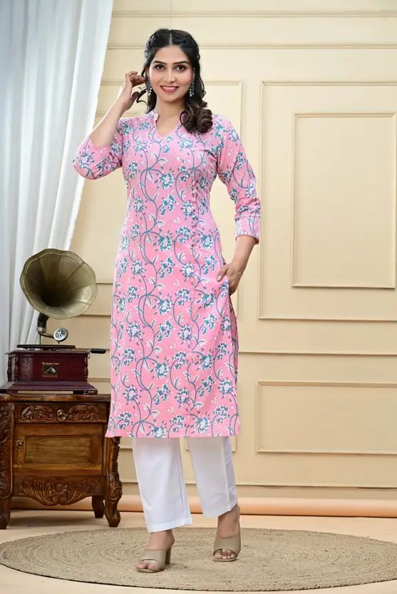 Women’s Pink Printed Kurta | Mandarin Neck, Below Knee Length, Pure Cotton | Casual Ethnic Wear, 3/4 Sleeves
