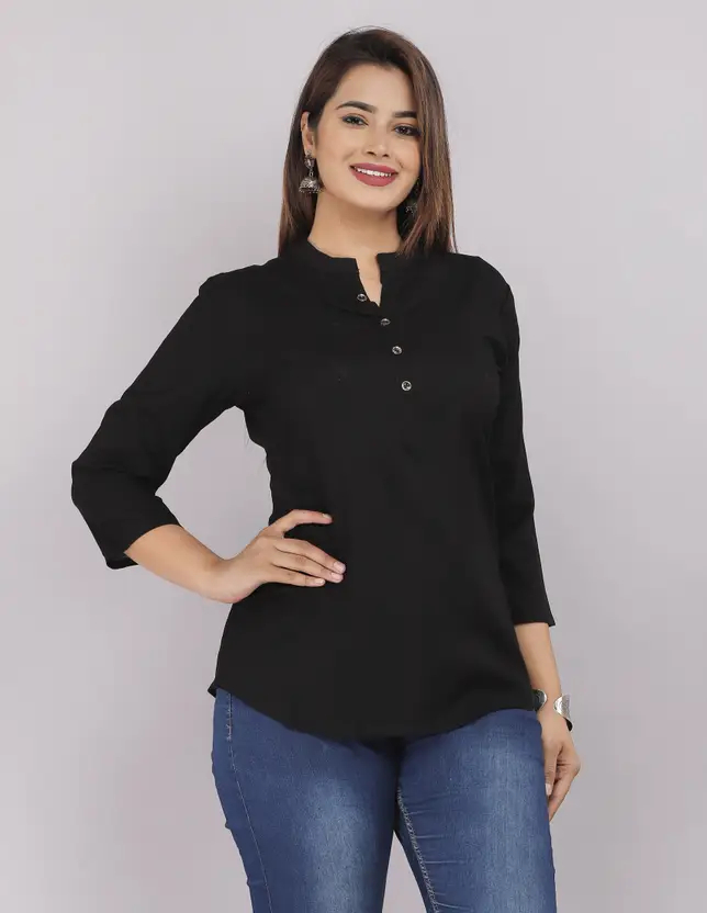 Kavach Women's Black Solid Top | Mandarin Collar, 3/4 Sleeves, Viscose Rayon | Casual Button-Down Tunic, Hip Length