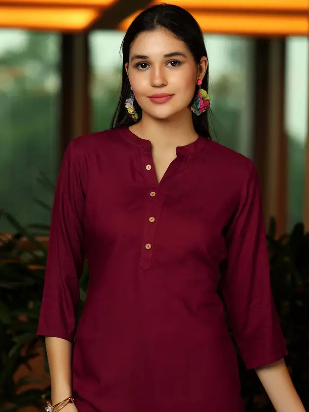 AARTI FASHION Women’s Maroon Solid Peplum Top | Mandarin Collar, Regular Sleeves, Relaxed Fit, Pure Cotton | Casual Western Wear