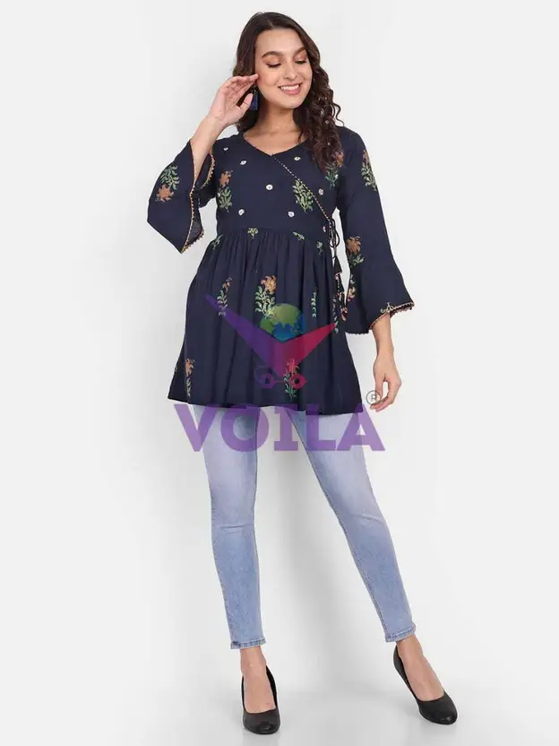 Women Floral Print Viscose Rayon A-line Kurta (Blue) - Casual Ethnic Wear with 3/4 Sleeves, Regular Fit, Round Neck – Ideal for Everyday Comfort