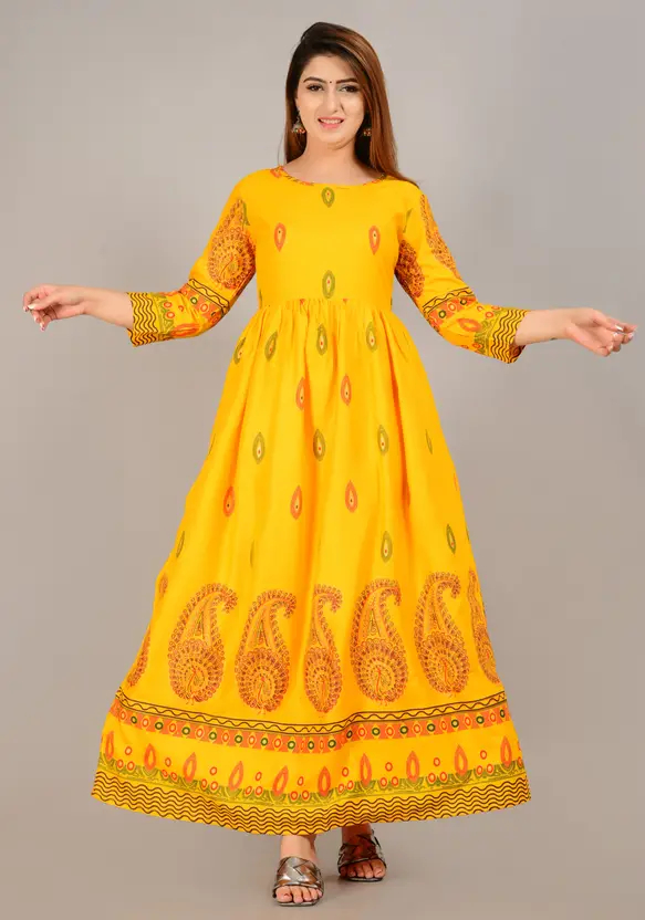 Elegant Women's Floral Print Kurta in Yellow and Red – Viscose Rayon Fabric, Ankle Length, 3/4 Sleeves, Casual Ethnic Wear