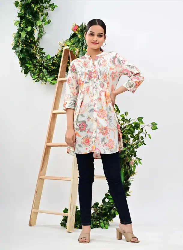 Chic Women Printed Kurta in White – Pure Cotton Fabric, Mandarin Neck, 3/4 Sleeves, Casual Ethnic Wear, Hip Length
