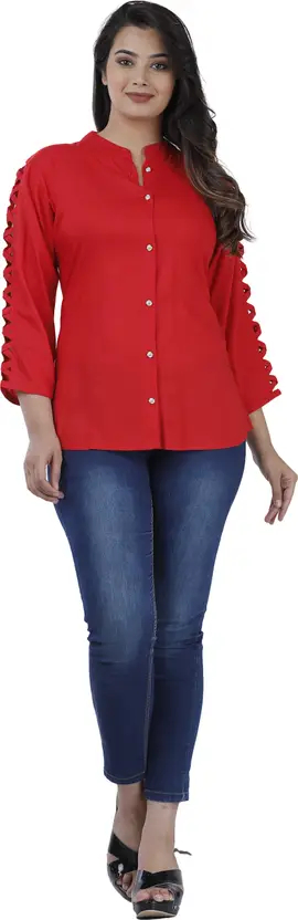 Aarti Fashion Women’s Red Solid Casual Top – Viscose Rayon, Mandarin Collar, 3/4 Regular Sleeves, Hip Length, Trendy Western Wear