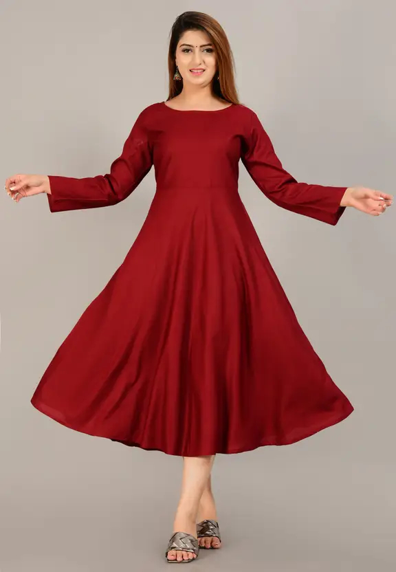 Aarti Fashion Women’s Maroon Printed Viscose Rayon Stitched Anarkali Gown – Round Neck, 3/4 Sleeves, Casual Wear