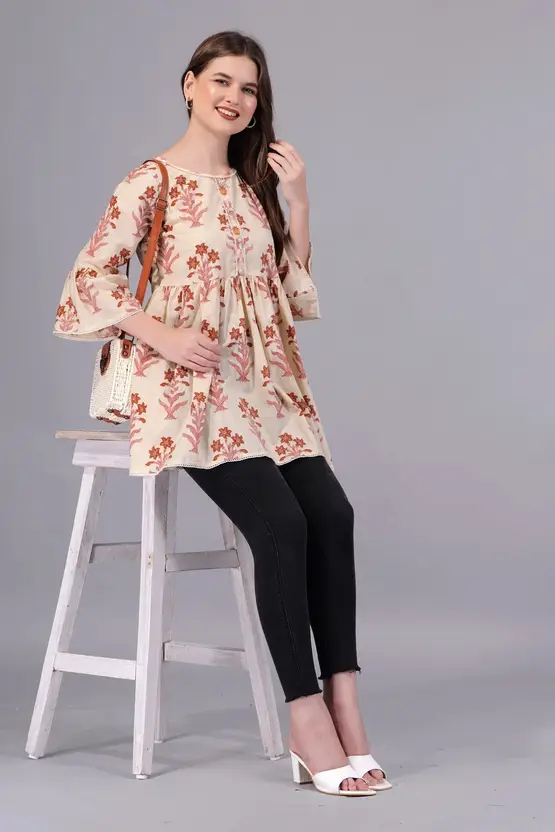Aarti Fashion Women’s Multicolor Printed Top – Cotton Blend, Round Neck, Half Ruffled Sleeves, Casual Blouson Top, Hip Length