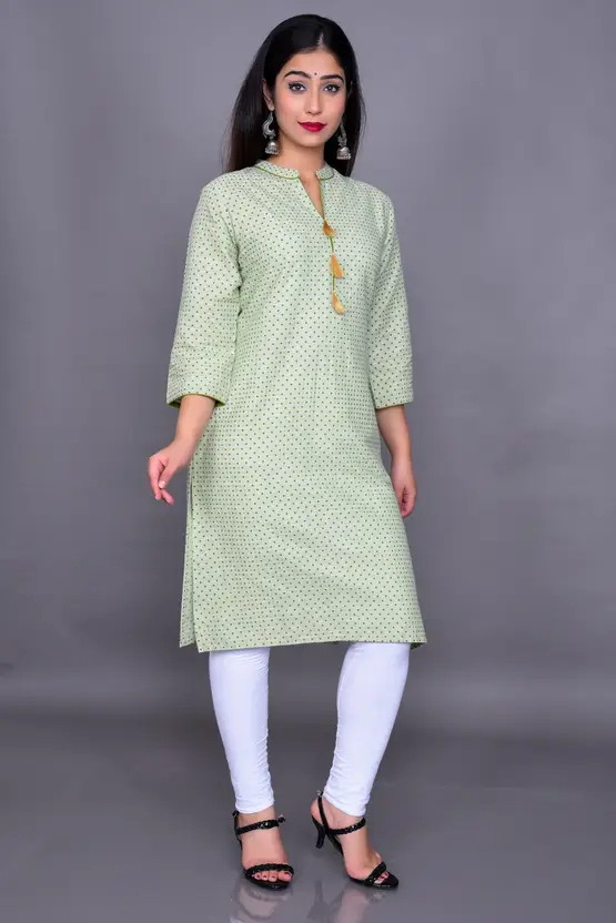 Aarti Fashion Women's Solid Cotton Silk Straight Kurta (Light Green) - Slim Fit V-Neck Calf Length Ethnic Wear with Pom Poms for Casual Occasions