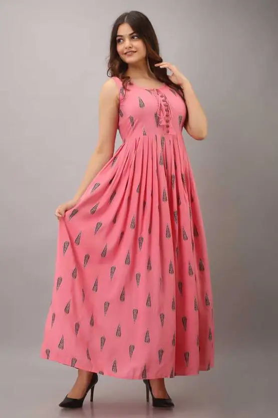 Aarti Fashion Women's Pink Rayon Blend Anarkali Gown – Sleeveless Tie-Up Neck, Block Print with Gold and Blue Accents – Party & Festive Wear