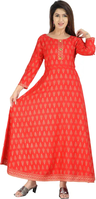 AARTI FASHION Printed Viscose Rayon Stitched Anarkali Gown (Red) for Women – Casual Wear with 3/4 Sleeves, Round Neck