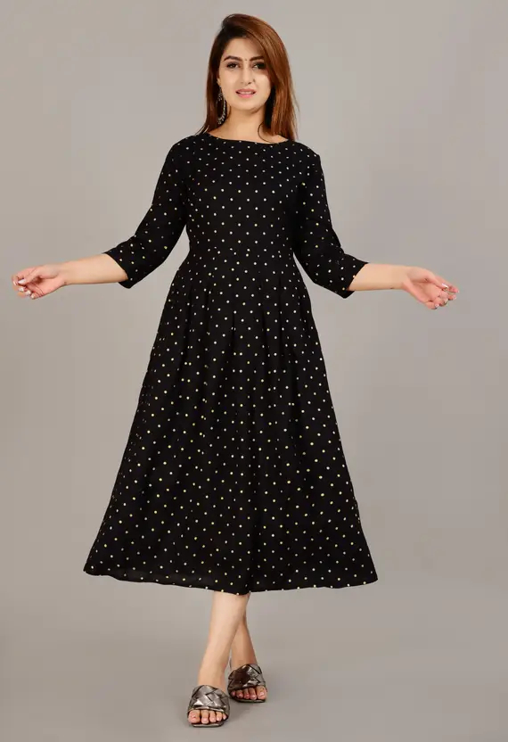 Product Title: Aarti Fashion Women’s Black Printed Viscose Rayon Stitched Anarkali Gown – Round Neck, 3/4 Sleeves, Casual Wear