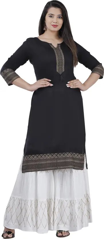 Aarti Fashion Women’s Viscose Rayon Kurta Sharara Set – Black and White Self Design, 3/4 Sleeves, Round Neck, Festive & Party Wear