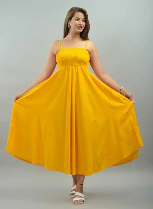 Aarti Fashion Women’s Yellow Maxi Dress – Viscose Rayon Midi/Calf Length Casual Dress, Ideal for Western Wear