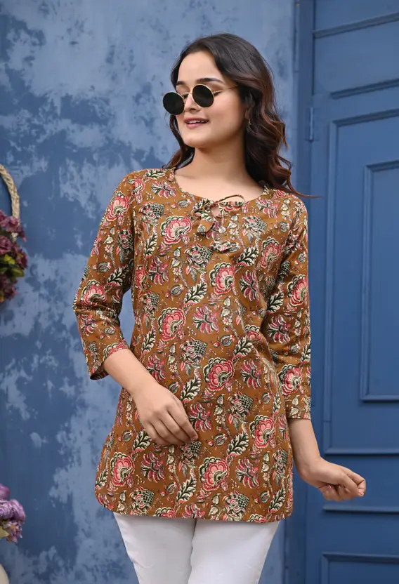 Aarti Fashion Women’s Brown Printed Tunic Top – 3/4 Regular Sleeves, Round Neck, Viscose Rayon, Casual Wear, Trendy Block Print