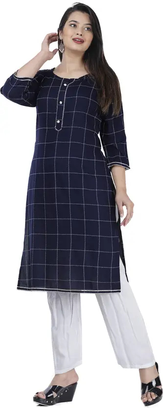Stylish Women Viscose Rayon Kurta and Palazzo Set - Navy Blue Checkered with 3/4 Sleeve, Round Neck, Lace Detailing, Casual Wear for All Seasons by AARTI FASHION