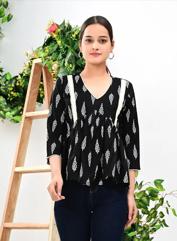 Party-Ready Printed Women Black Top - V-Neck, Cotton Blend Fabric, Oversized Fit, Stylish Design for Western Wear