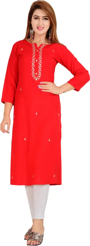 Women Embroidered Viscose Rayon Straight Kurta - Red, Festive & Party Wear, 3/4 Sleeves, Round Neck, Regular Fit, Ethnic Style by AARTI FASHION