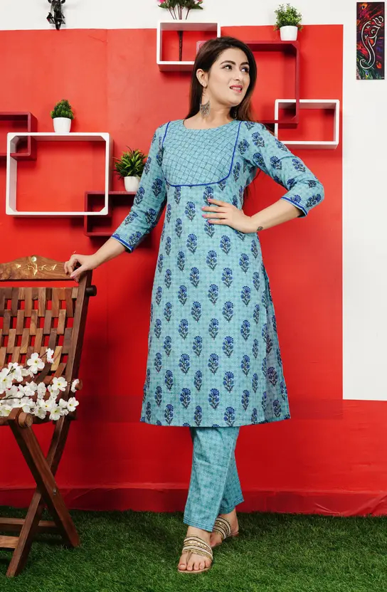 Women Blue Kurta and Pant Set - Slim Fit, Color Block Design, Rayon Cotton Blend Fabric, Casual Wear by AARTI FASHION