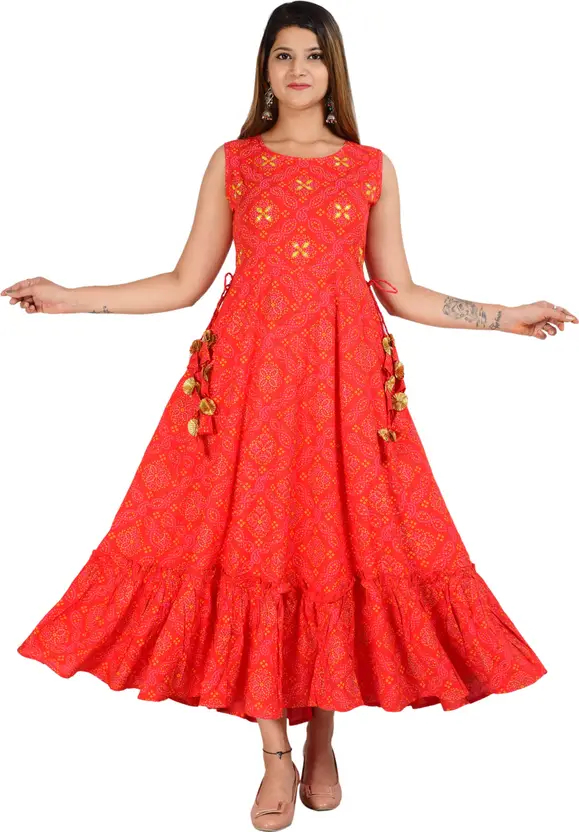 Elegant Embroidered Viscose Rayon Stitched Anarkali Gown (Red) - Sleeveless Round Neck Casual Dress for Women - Aarti Fashion