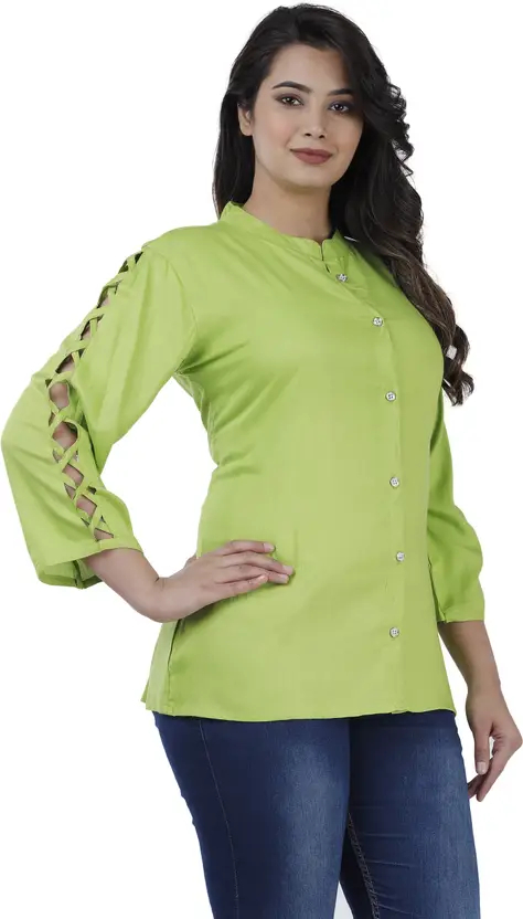 Trendy Women Solid Green Casual Rayon Shirt Top with Lace-Up Sleeves – Regular Fit, Mandarin Collar – Aarti Fashion