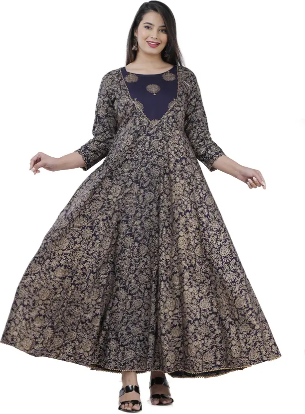 Stylish Women Printed Kurta in Gold and Blue - Ankle Length, 3/4 Sleeve Viscose Rayon Ethnic Wear for Casual Occasions - Round Neck, Comfortable and Fashionable