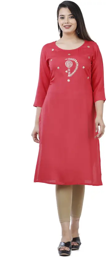 Women Embellished Kurta in Pink – Straight Fit, Below Knee Length, 3/4 Sleeve Viscose Rayon with Beaded Trim – Casual Ethnic Wear Set