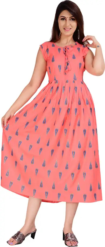 Women Printed Anarkali Kurta in Pink – Sleeveless, Below Knee Length, Viscose Rayon, Tie-up Neck, Casual Ethnic Wear