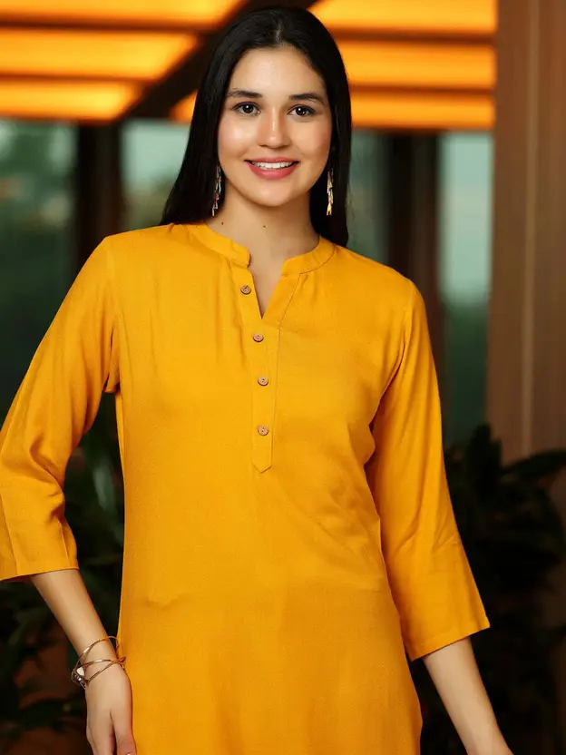 Casual Solid Women Yellow Top – Relaxed Fit Mandarin Collar Pure Cotton Mustard Yellow T-Shirt for Casual Western Wear