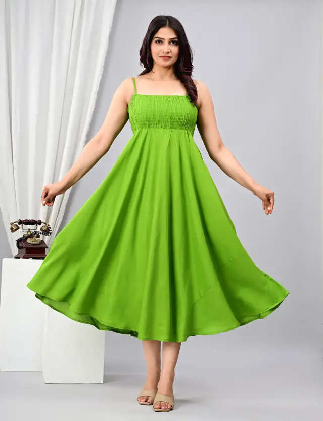 Women Fit and Flare Green Midi/Calf Length Dress – Sleeveless Square Neck Viscose Rayon Fabric, Pista Green, Casual Western Wear Dress
