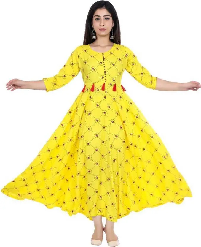 Printed Viscose Rayon Stitched Anarkali Gown for Women - Yellow, 3/4 Sleeve, Casual Wear, Round Neck, Comfortable, Elegant Design by AARTI FASHION