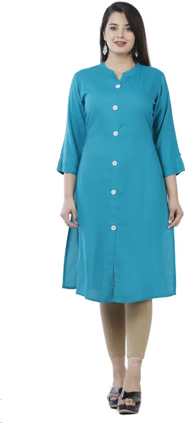 Women’s Light Blue Solid Kurta - Viscose Rayon, 3/4 Sleeve, Mandarin Neck, Below Knee Length, Comfortable Casual Ethnic Wear