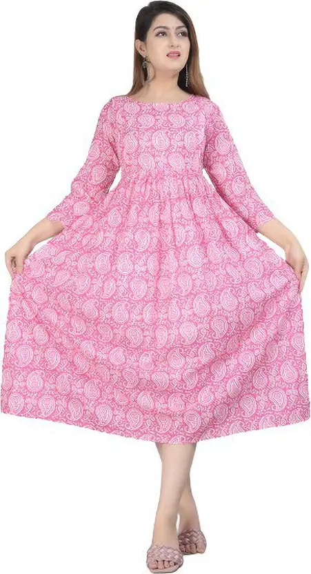 Women’s Pink Printed Straight Kurta - Cotton Blend, 3/4 Sleeve, Round Neck, Calf Length, Casual Ethnic Wear, Comfortable & Stylish