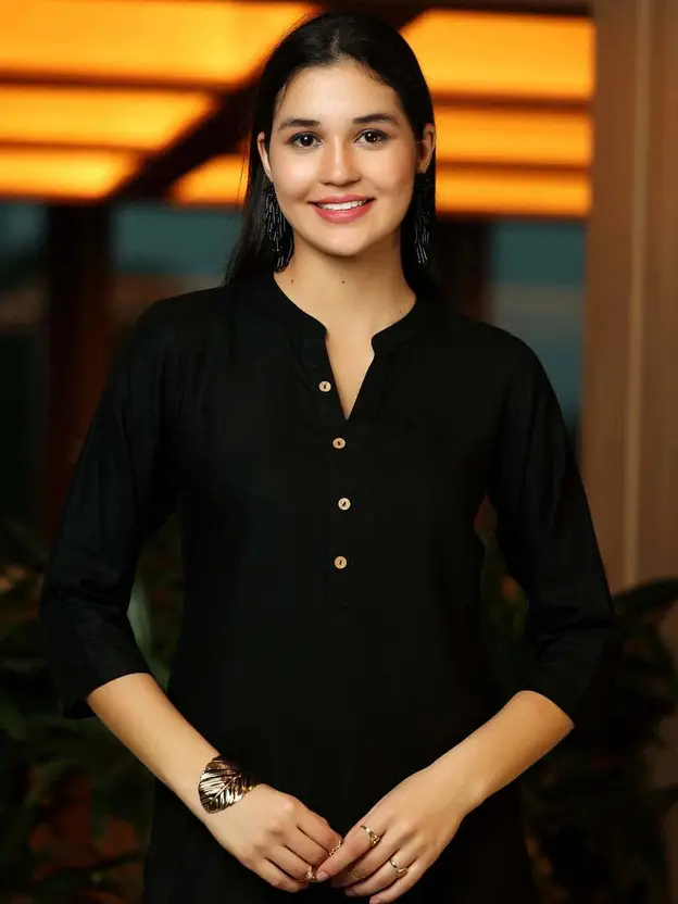 Casual Solid Women Black Top - Relaxed Fit Pure Cotton Mandarin Collar Western Wear , Comfortable and Stylish Everyday Wear