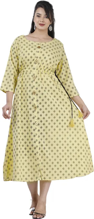 Yellow Women’s Printed Kurta - Viscose Rayon, Round Neck, 3/4 Sleeve, Casual Ethnic Wear - Comfortable, Stylish, Calf Length