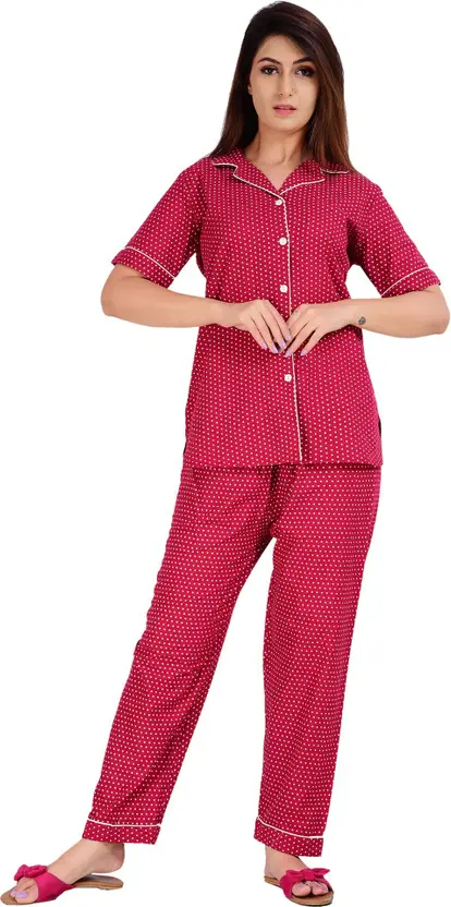 Blue Polka Print Women’s Shirt & Pyjama Set - 100% Cotton, Comfortable Sleepwear, Relaxed Fit, Ideal for Lounging